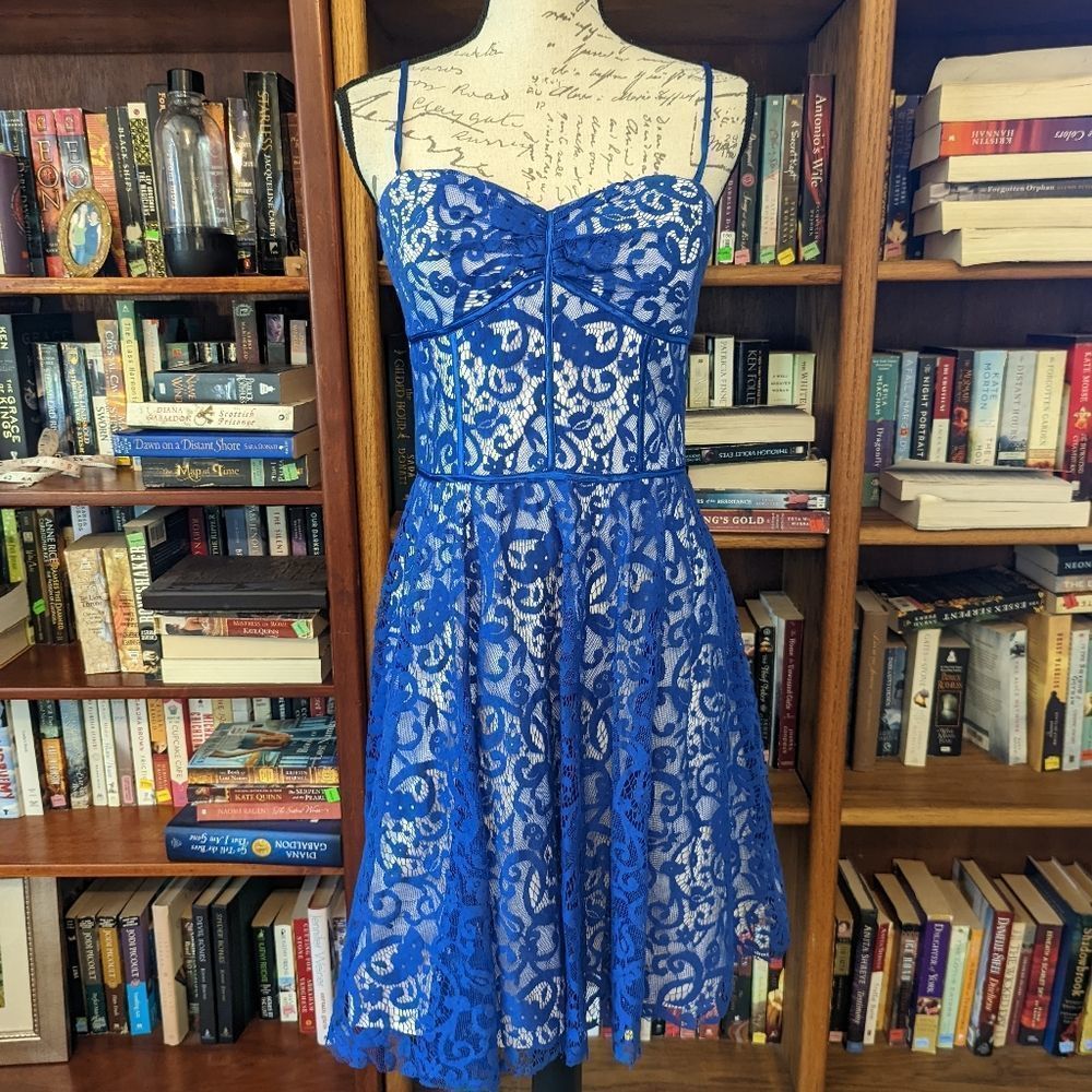 Betsey Johnson blue lace white convertible strapless cocktail dress nwot sz 8